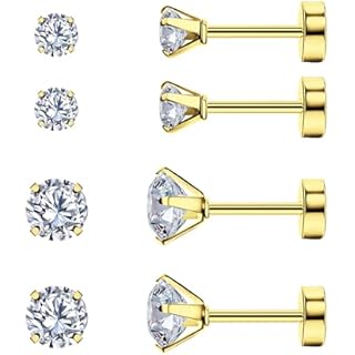 Smilebelle 2 Pairs Gold Flat Back Earrings, 14k Screw Back Earrings Gold Cartilage Gold Stud Earrings Hypoallergenic Tragus Earrings for Women Girls as Nap Earrings or Sleeper Earrings (3mm+5mm CZ)