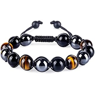Triple Protection Bracelet for Women Men, 10mm Crystal Beads Bracelet Handmade with Real Tiger Eye Black Obsidian and Hematite, Natural Crystal Bracelet Mens Christmas Gift for Protection and Balance