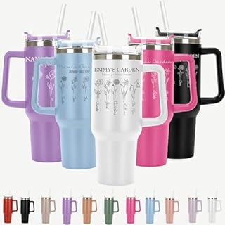Love Garden Personalized Laser Engraved 40oz Large Tumbler with Handle, Straw&Lid, Tumbler Gifts For Women, Mug Floral Flower Gifts, Mother Coffee Cup, Custom Gift Idea for Moms Nana Grandma Mama