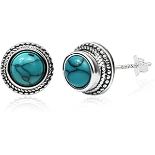 Tibetan Turquoise Earrings 8mm Round 925 Sterling Silver Post Stud Earrings Gemstone Earring Hypoallergenic Handmade Earrings for Women Trendy Fashion