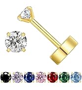 Small 3mm Cubic Zirconia Gold Flat Back Stud Earrings for Women 14k Gold, Hypoallergenic Flatback...