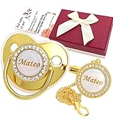 Personalized Pacifier and Pacifier Clip with Name, Bling Gold Pacifier Clip Set with Gift Box Gre...