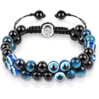 Triple Protection Bracelet, Evil Eye Tiger Eye and Black Obsidian 8mm Beads Bracelet for Men Women, Healing Bracelet Bring Luck and Prosperity, Happiness(Blue)