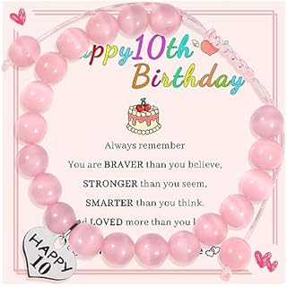 VDKIDKT Natural Stone Birthday Bracelet with Sweet Heart Charm, Jewelry& Card 6-14 Birthday Gifts for Girls, 6/7/8/9/10/11/12/13/14 Year Old Girl Birthday Gift Ideas(10th)