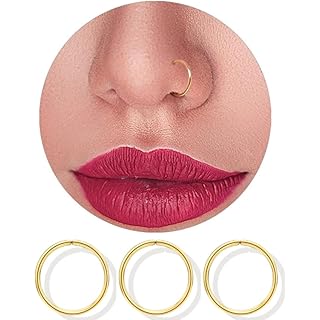 14K Gold Nose Rings Hoops for Women 22 Gauge, Small Thin Nose Piercing Jewelry (Gold, 3pcs 8mm 22g)
