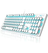 Typewriter Style Mechanical Gaming Keyboard, White Retro Punk Gaming Keyboard with Blue Backlit, ...