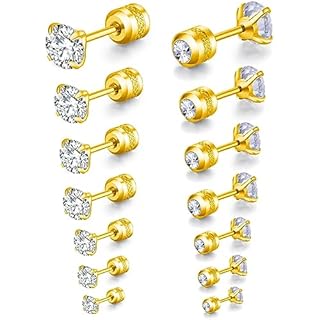 TAGOMEI 7 Pairs Gold Stud Earrings for Women Men, 14K Tiny CZ Screw On Flat Back Stud Earrings for Women Handmade Double Sided Round Cubic Zirconia Earrings Studs Earrings Set Jewelry Gifts, 2-8mm CZ