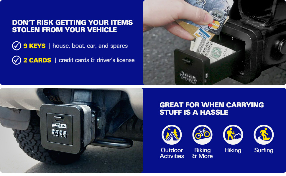 HitchSafe, Don't risk getting your items stolen from your vehicle. Store 9 keys, 2 cards.