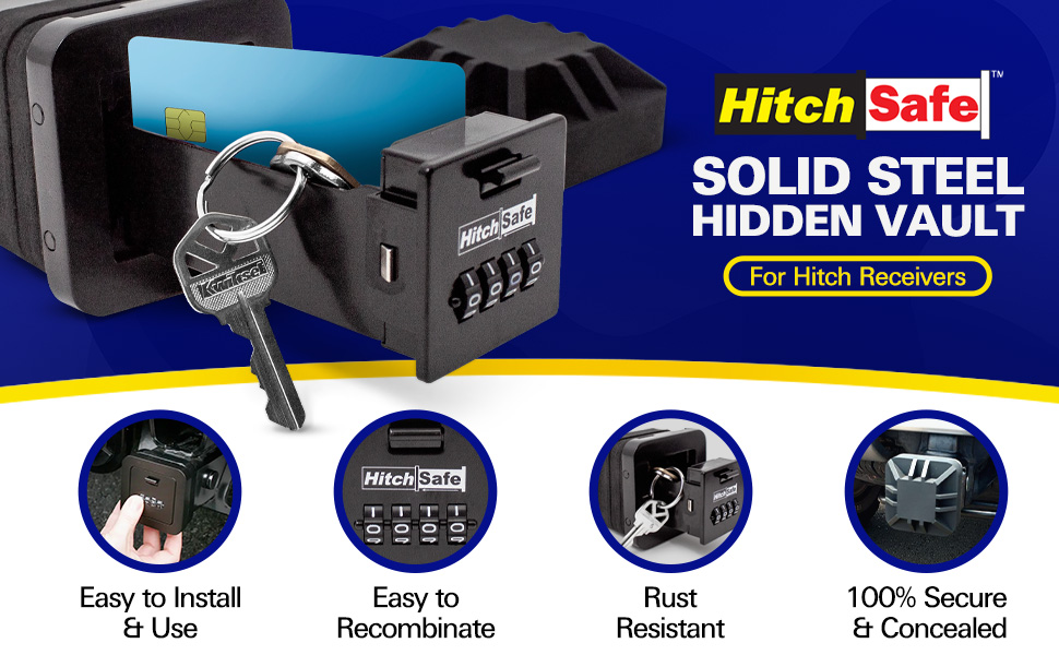 FJM Hitch Safe, 100% Solid Steel Hidden Vault for Hitch Receivers. Easy to install, secure.