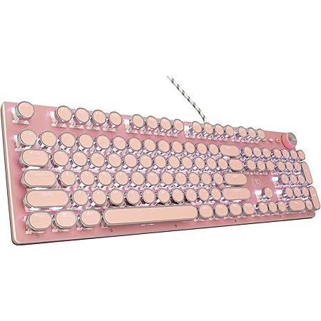 CC MALL Gaming Keyboard,Retro Punk Typewriter-Style, Blue Switches, White Backlight, USB Wired, for PC Laptop Desktop, Stylish Pink Mechanical Keyboard (Round Keycaps)