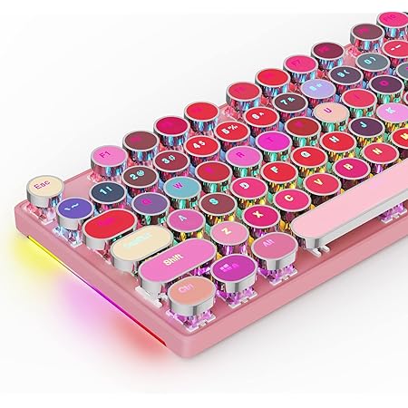 HUO JI Mechanical Gaming Keyboard Typewriter Style with RGB Side Lit and Rainbow Backlit, Retro Style, Blue Switches - Clicky, Metal Panel, Lipstick 104 Keys USB Wired for Mac, PC, Cute Pink