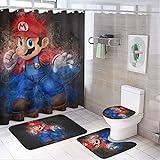 Anime Super Bros Shower Curtain Set,4-Piece Bathroom Sets Waterproof Shower Curtains and Non-Slip Bath Rugs & Toilet Lid Cove