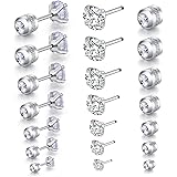 TAGOMEI 7 Pairs Stud Earrings for Women Men, 14K Flat Back Silver Stud Earrings Hypoallergenic Stainless Steel Cubic Zirconia