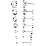 Fansilver 7-12Pairs 20G Hypoallergenic Brithstone Stud Earrings for Women Men Flatback Earrings Stainless Steel Cubic Zirconi