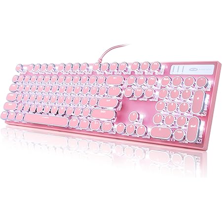 Camiysn Typewriter Style Mechanical Gaming Keyboard, Pink Retro Punk Gaming Keyboard with White Backlit, 104 Keys Blue Switch Wired Cute Keyboard, Round Keycaps for Windows/Mac/PC