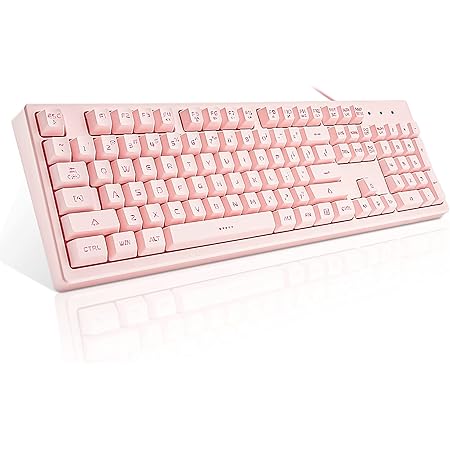 Basaltech Pink Keyboard with 7-Color LED Backlit, 104 Keys Quiet Silent Light Up Keyboard, 19-Key Anti-Ghosting Cheap Gaming Keyboard Mechanical Feeling Waterproof Wired USB for Computer, Mac, Laptop