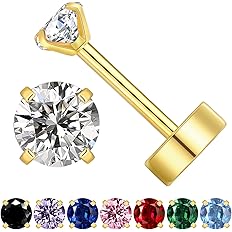 Tiny 3mm CZ Stud Flat Back Earrings for Women 14k Gold | Cartilage Earring Helix Tragus Conch Piercing Jewelry | Screw Back G