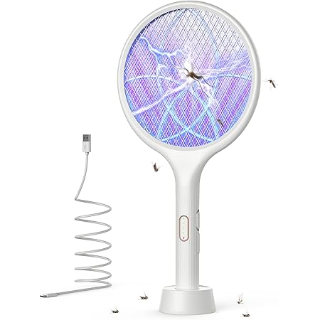 YISSVIC Electric Fly Swatter 4000V Bug Zapper Racket Dual Modes Mosquito Killer with Purple Mosquito Light Rechargeable for Indoor Home Office Backyard Patio Camping (White)