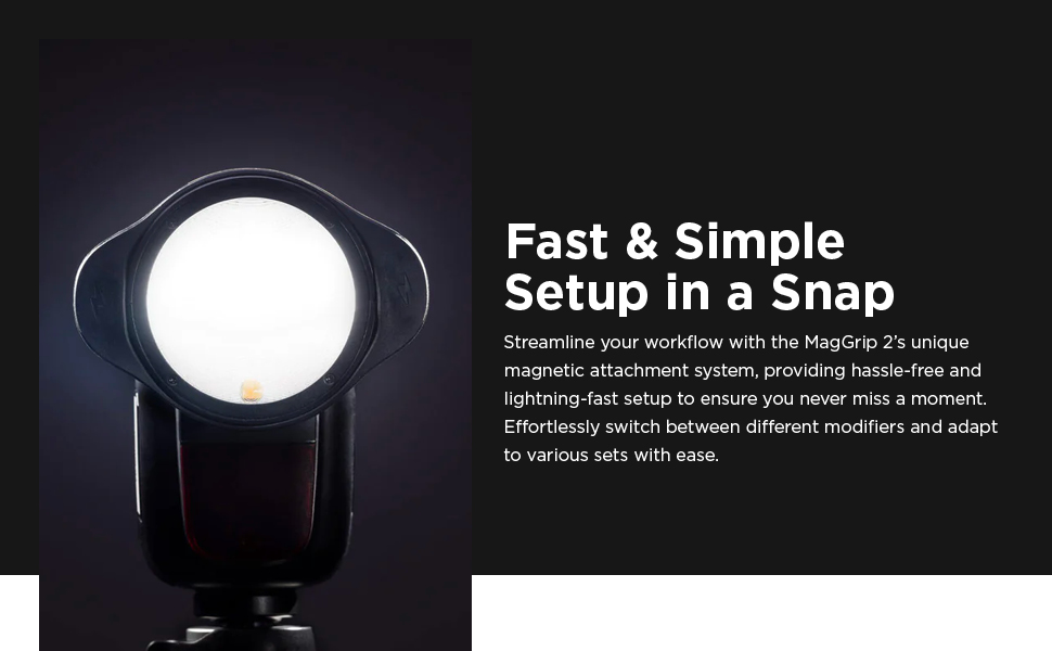 MagGrip 2 provides a quicker, easier and stronger attachment method for speedlite flash modifiers.