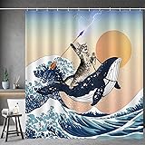 Aimego Funny Shower Curtain Brave Cat Holding Trident Arrow Riding Shark in Ocean Wave, Whale Cat Shower Curtain Set with 12