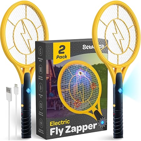 Electric 4000 Volt Fly Swatter [Set of 2] Handheld Bug Zapper Racket for Indoor/Outdoor - Instant Bug & Mosquito Killer with Attractant LED Light - USB Rechargeable Portable Fly Zapper.