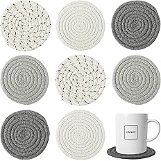 8 Pcs Absorbent Drink Coasters, 4 Styles Handmade BOHO Woven Coasters for Coffee Table, Heat-resistant Modern Cotton Coasters