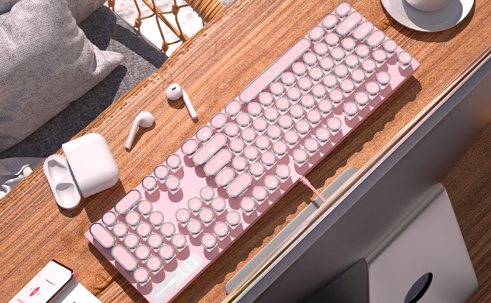 pink typewriter mechanical blue switches gaming keyboard with white backlit